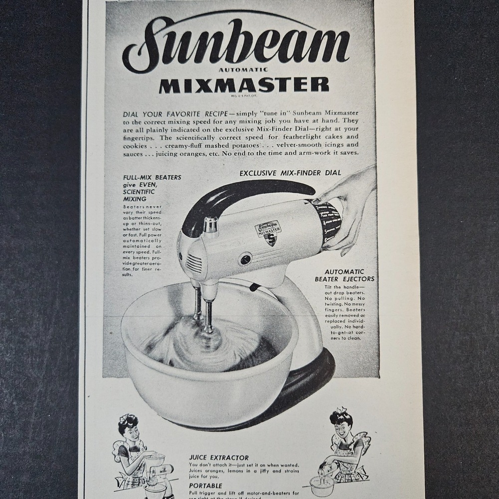 1945 Sunbeam Automatic Mixmaster Stand Mixer Vintage‎ Print Ad Flexible Shaft Co